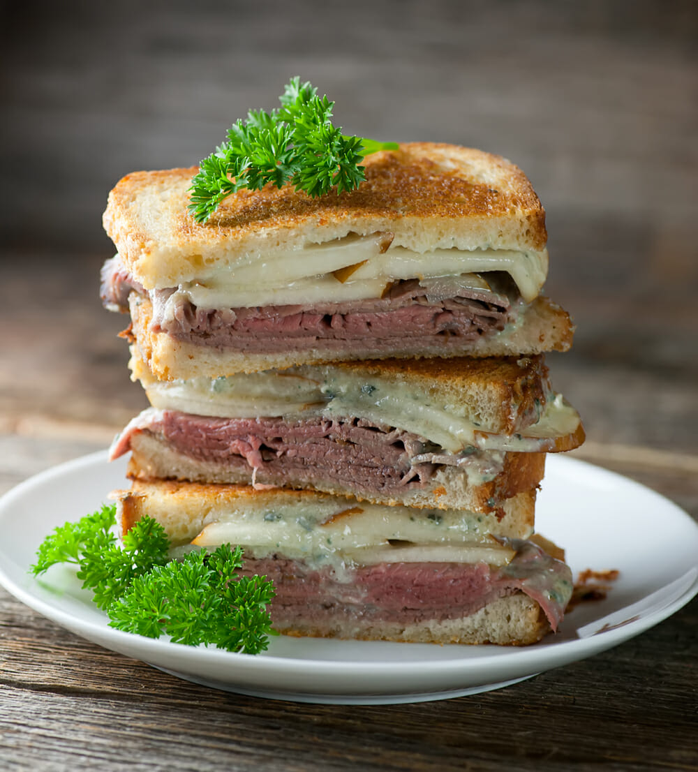 Grilled Roast Beef, Pear and Blue Cheese Sandwiches 