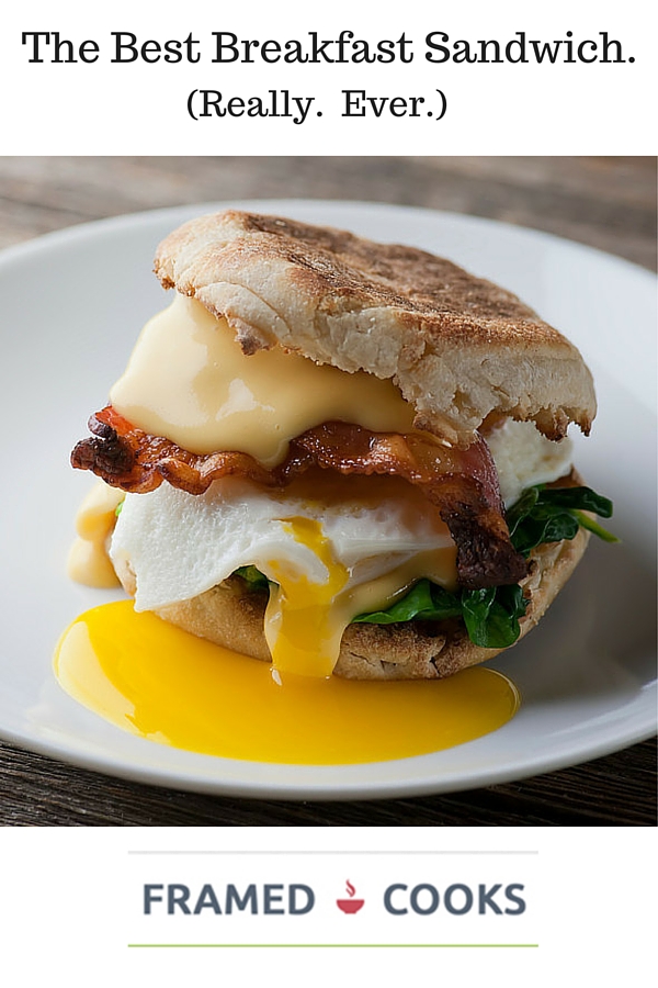Here's the recipe for the best breakfast sandwich EVER. Crispy bacon, melty cheese, creamy egg all on a buttered English muffin...spinach optional!