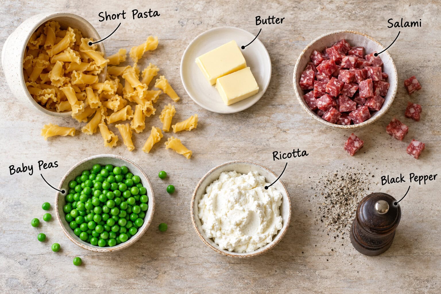 Pasta with ricotta and salami ingredients.