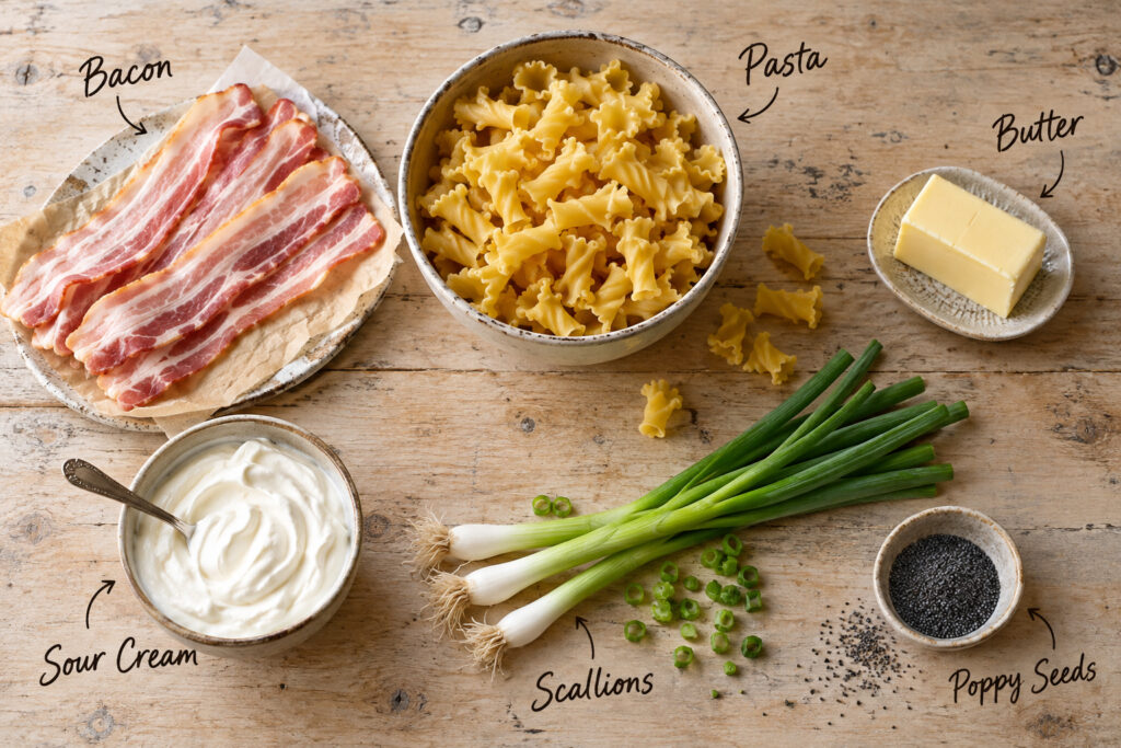 Ingredients for pasta with sour cream sauce: bacon, short pasta, butter, sour cream, scallions and poppy seeds arranged on a wooden table.
