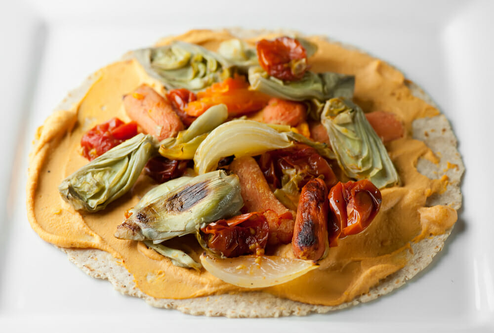Roasted Veggie Wraps with Red Pepper Hummus Framed Cooks