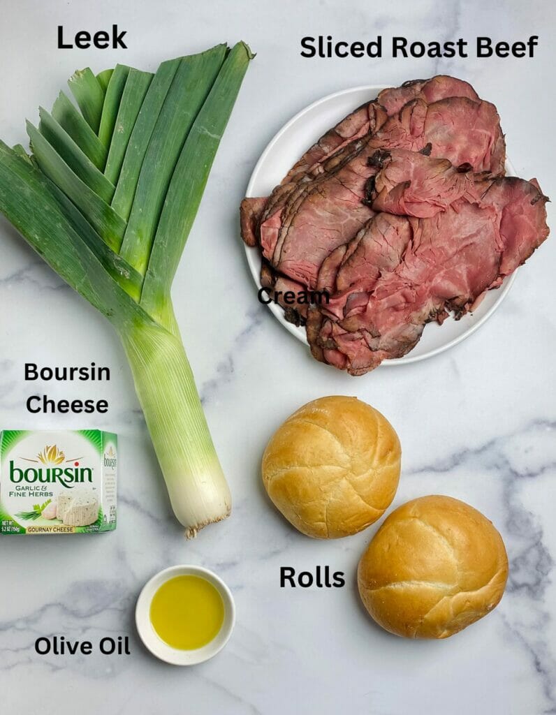 Roast beef sandwich with cheese and leek ingredients.