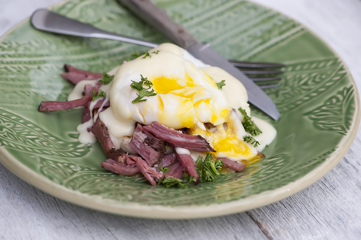 Irish eggs benedict on a plate.