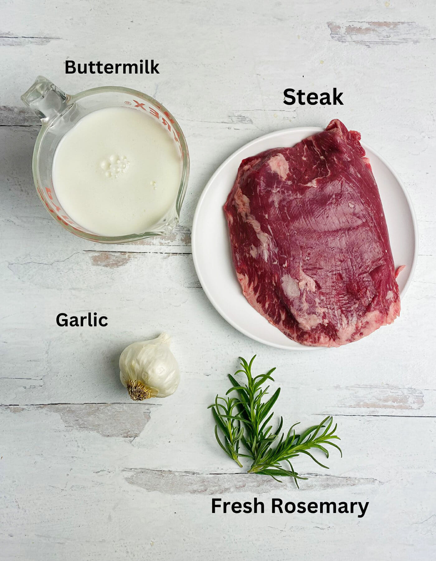 Buttermilk steak ingredients on a wooden board.