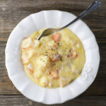 Bowl of chopped shrimp and grits.
