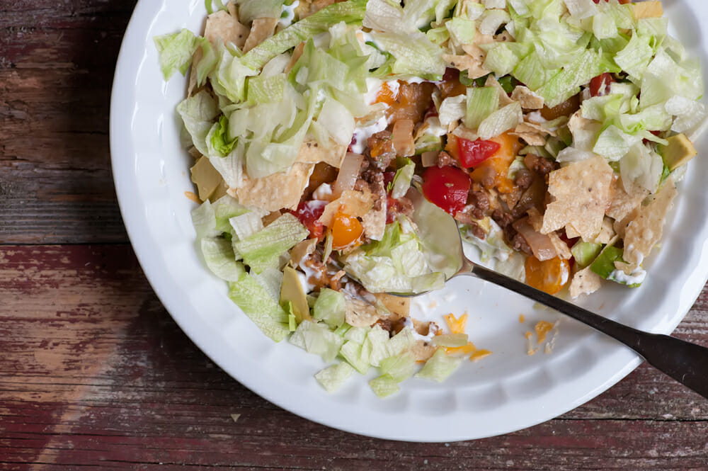 Taco pie with a spoon.