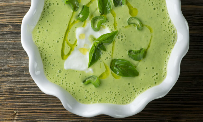 Zucchini gazpacho in a bowl.