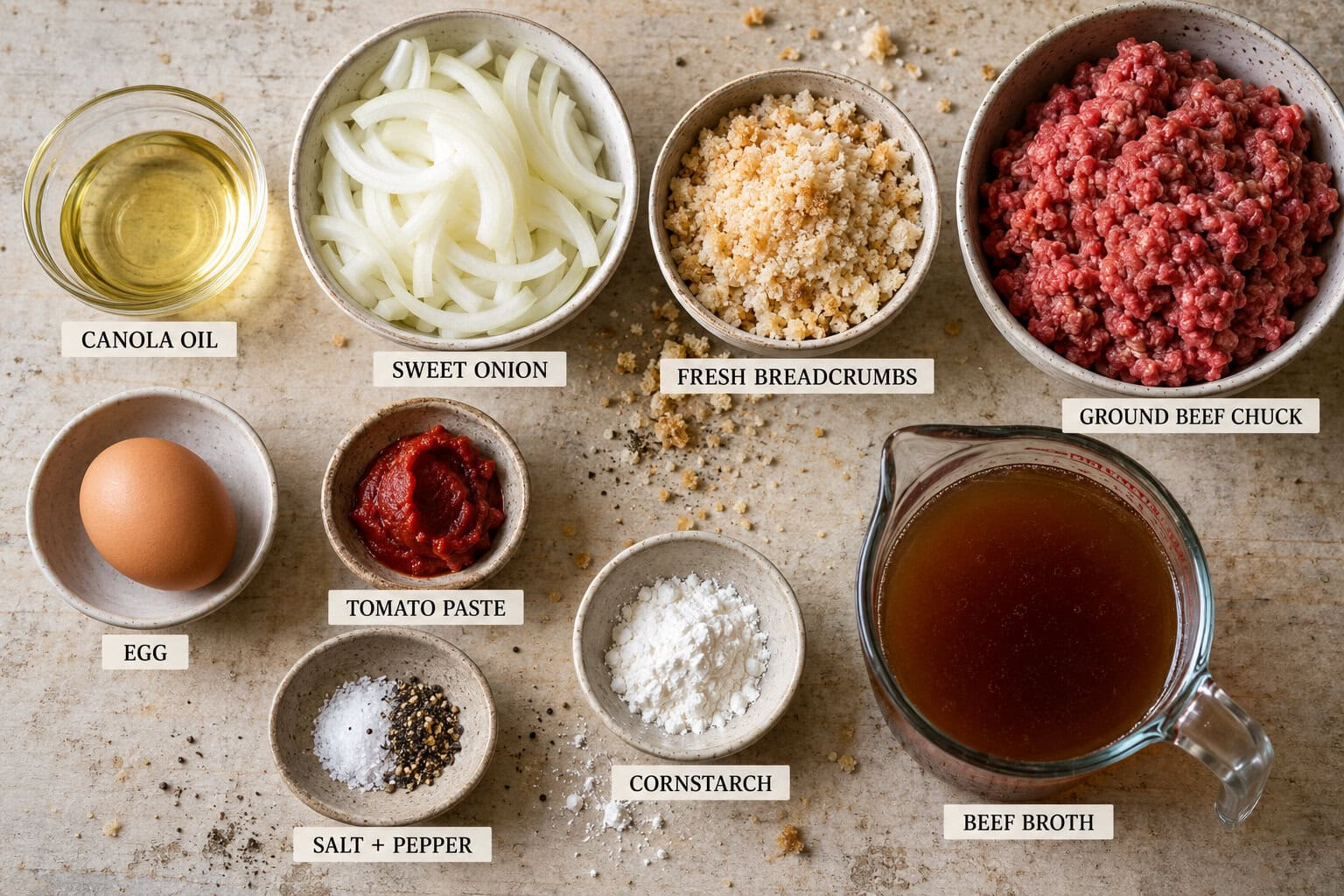 Salisbury Steak ingredients on a table.