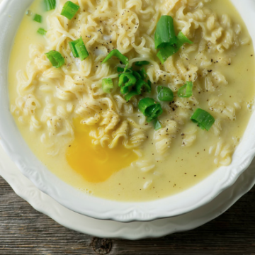 Cheesy Ramen with Poached Egg in a bowl.