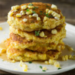 Stack of fresh corn johnny cakes on a plate.