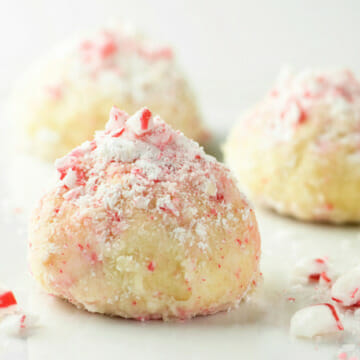 Peppermint Snowballs on a white counter.