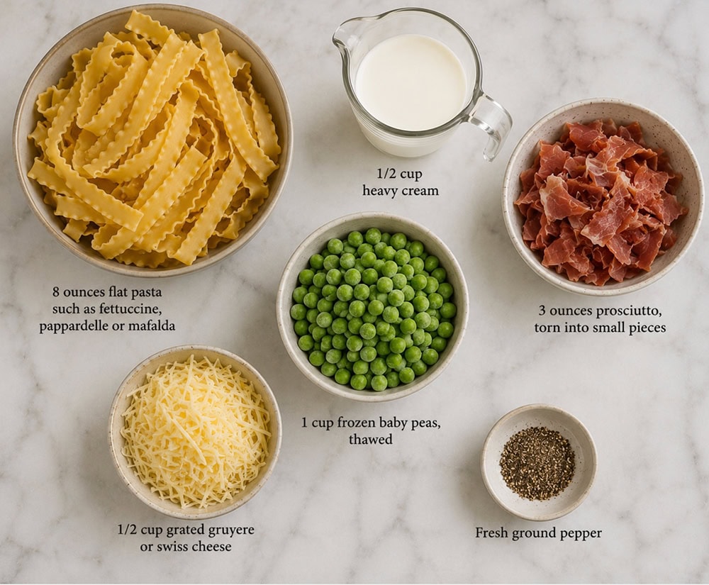 Ingredients needed for pasta with peas and prosciutto. 