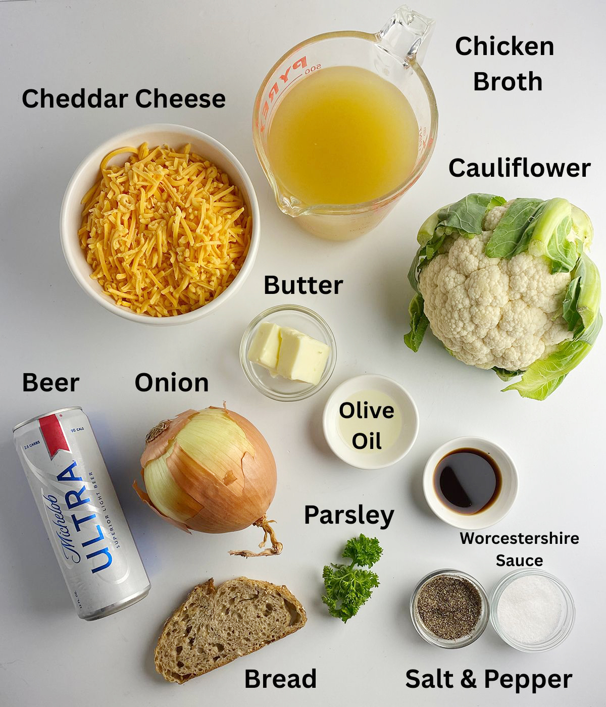 Cheese Cauliflower Soup ingredients.