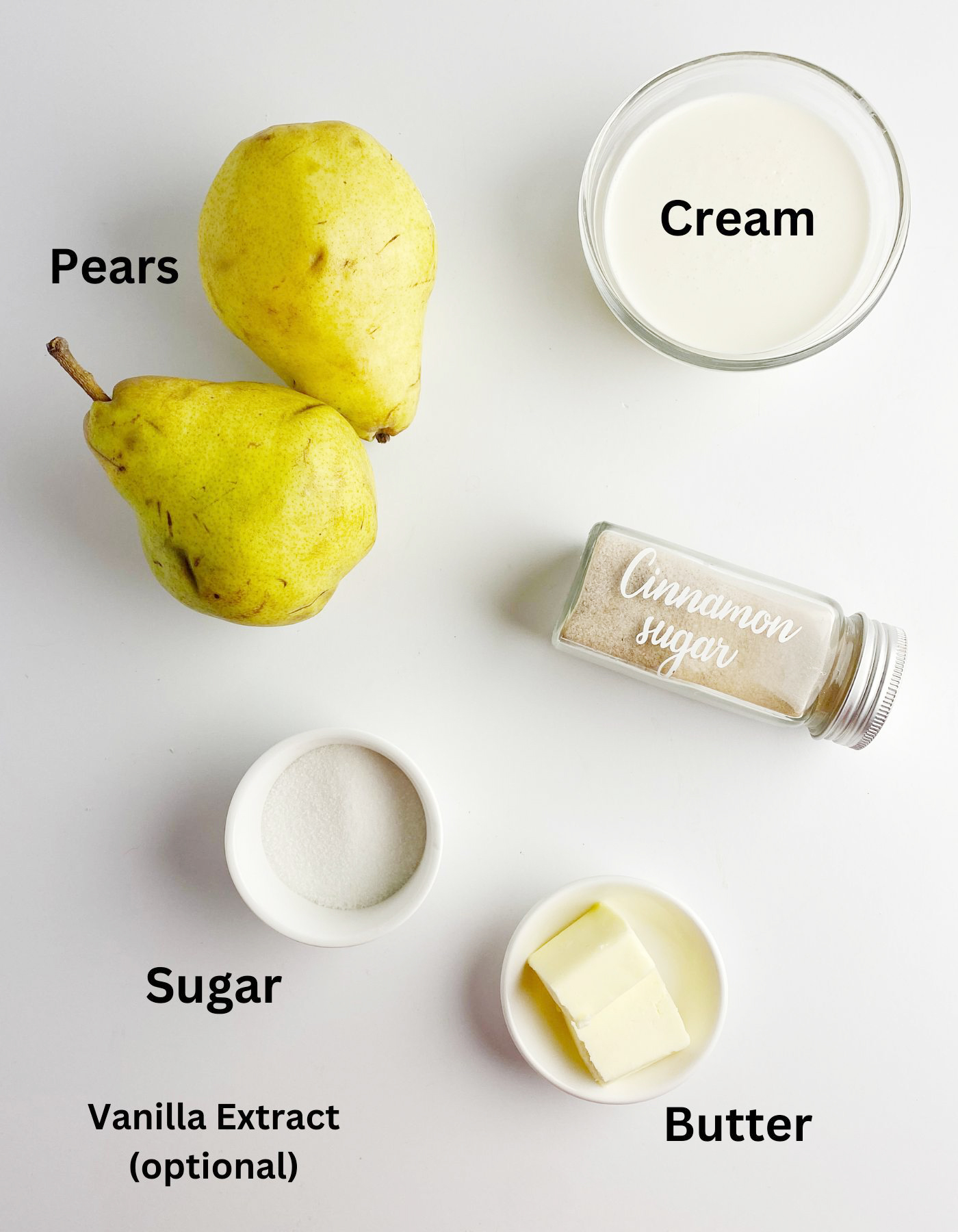 Pears in Cream ingredients on a white counter.
