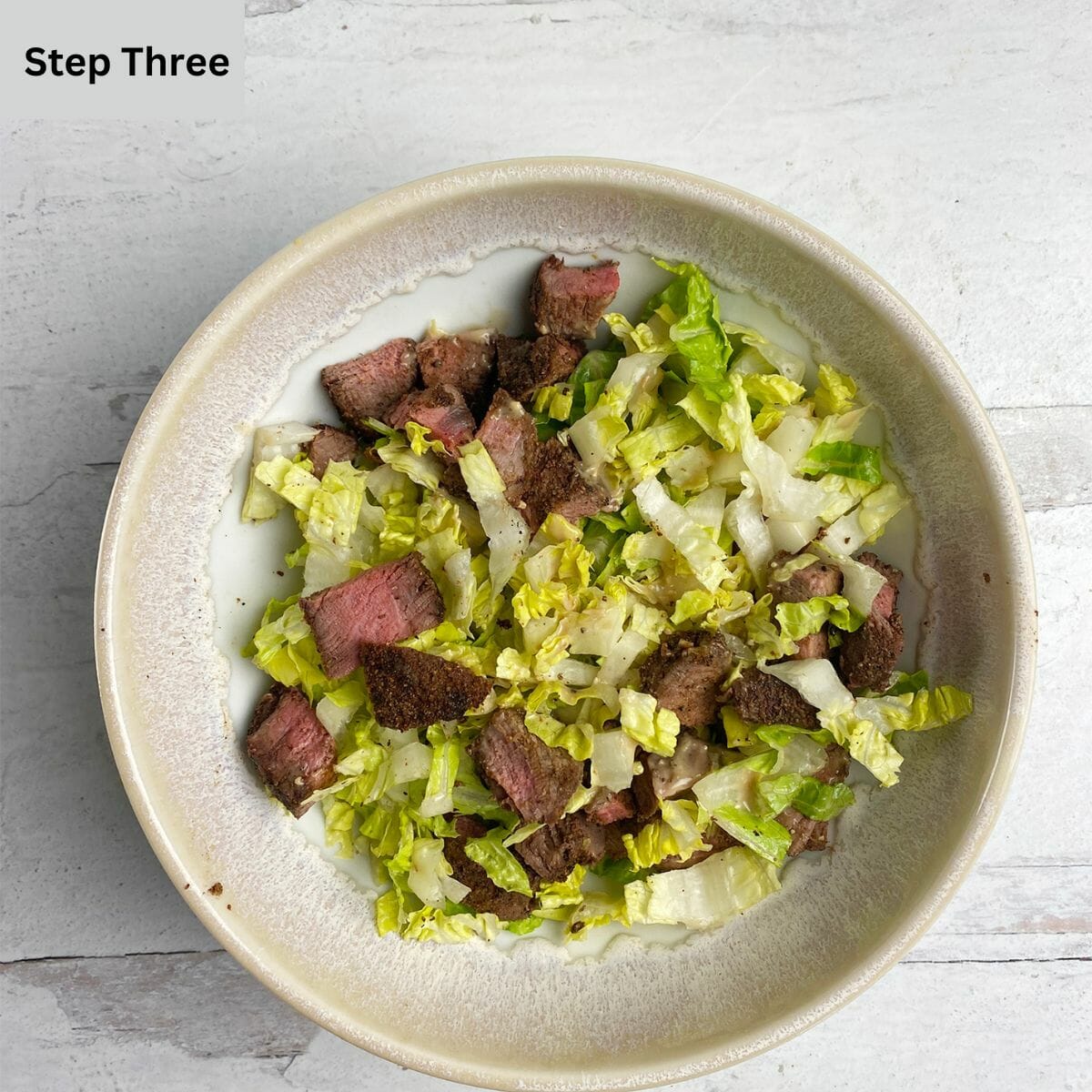 Steak and romaine lettuce in a bowl.