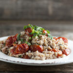 Dish of tuna farro salad.