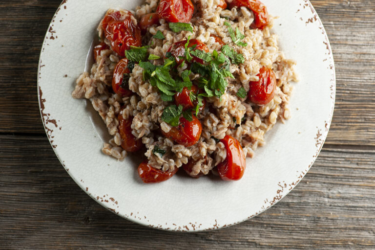 Tuna farro salad on a plate.