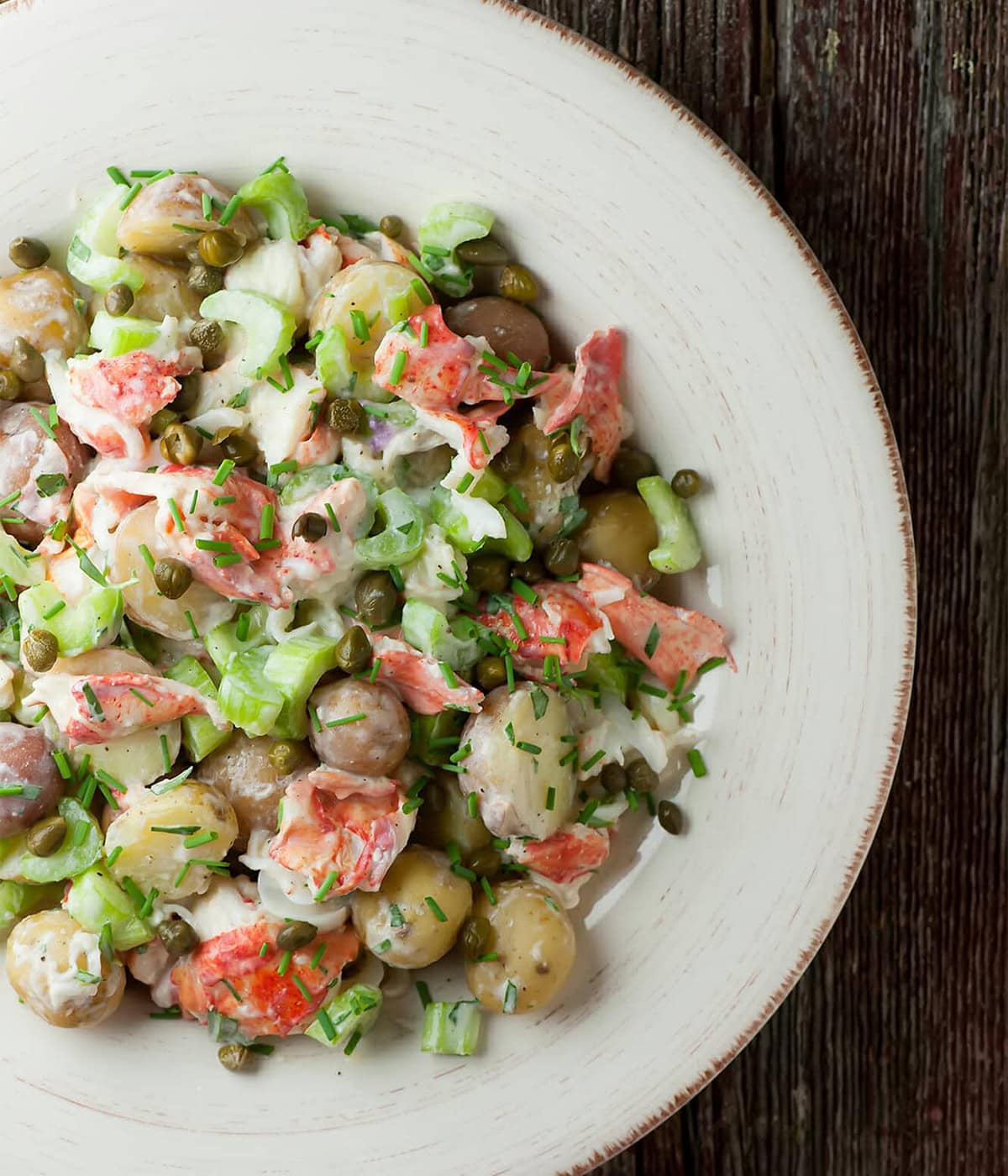 Easy lobster potato salad oon a plate.