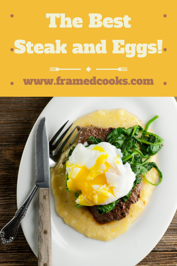 The best steak and eggs ever include a filet mignon steak, some spinach and polenta and one perfect poached egg. Because you're worth it!