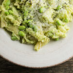 Bowl of pasta with edamame pesto.
