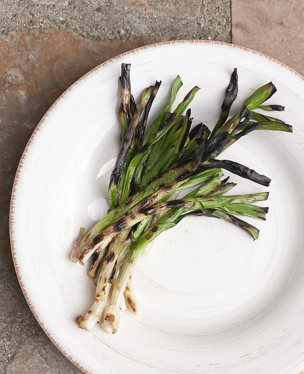 Grilled scallions on a plate.
