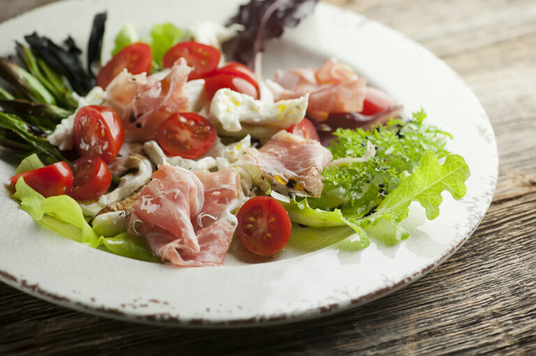 Prosciutto Caprese Salad on a plate.