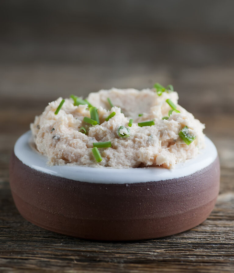 Smoked salmon spread in a small bowl.