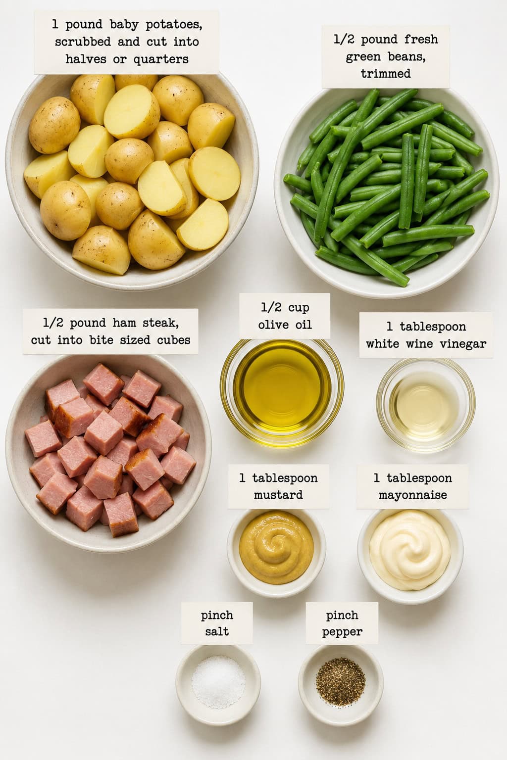 Warm ham and potato salad ingredients.