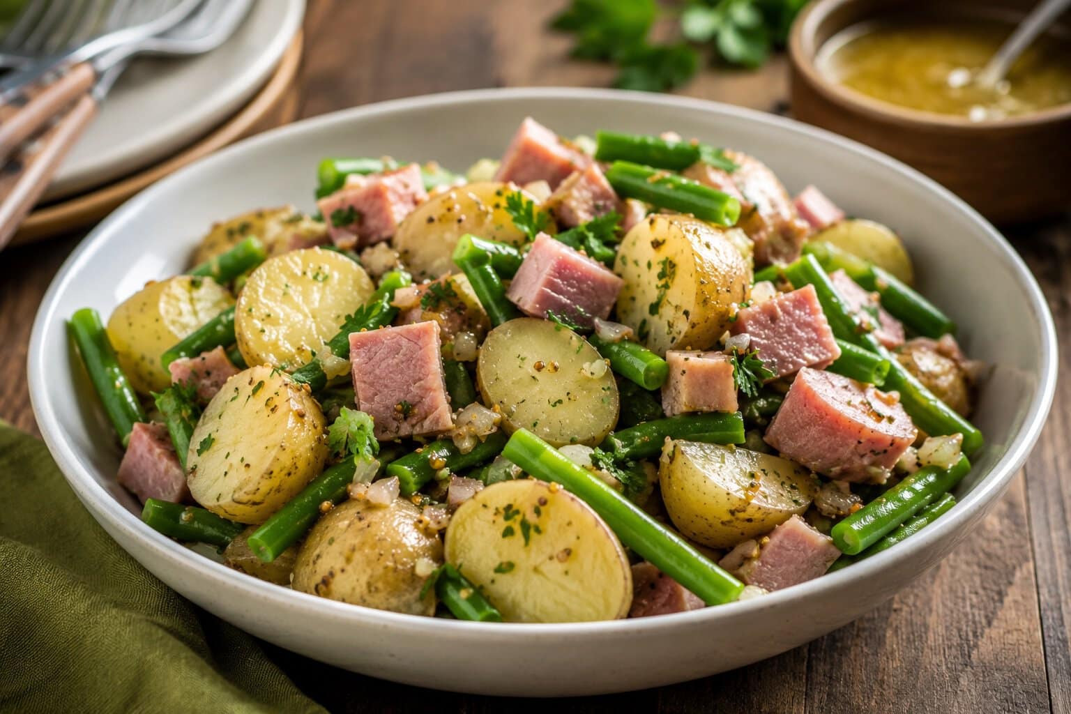 Warm ham and potato salad.