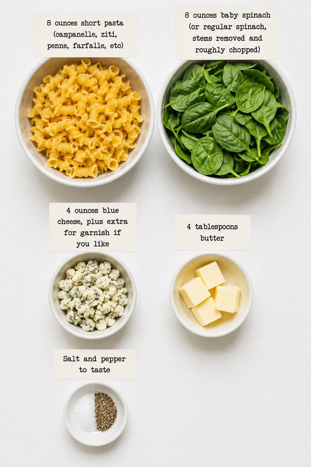 Pasta with Blue Cheese Spinach Sauce ingredients.