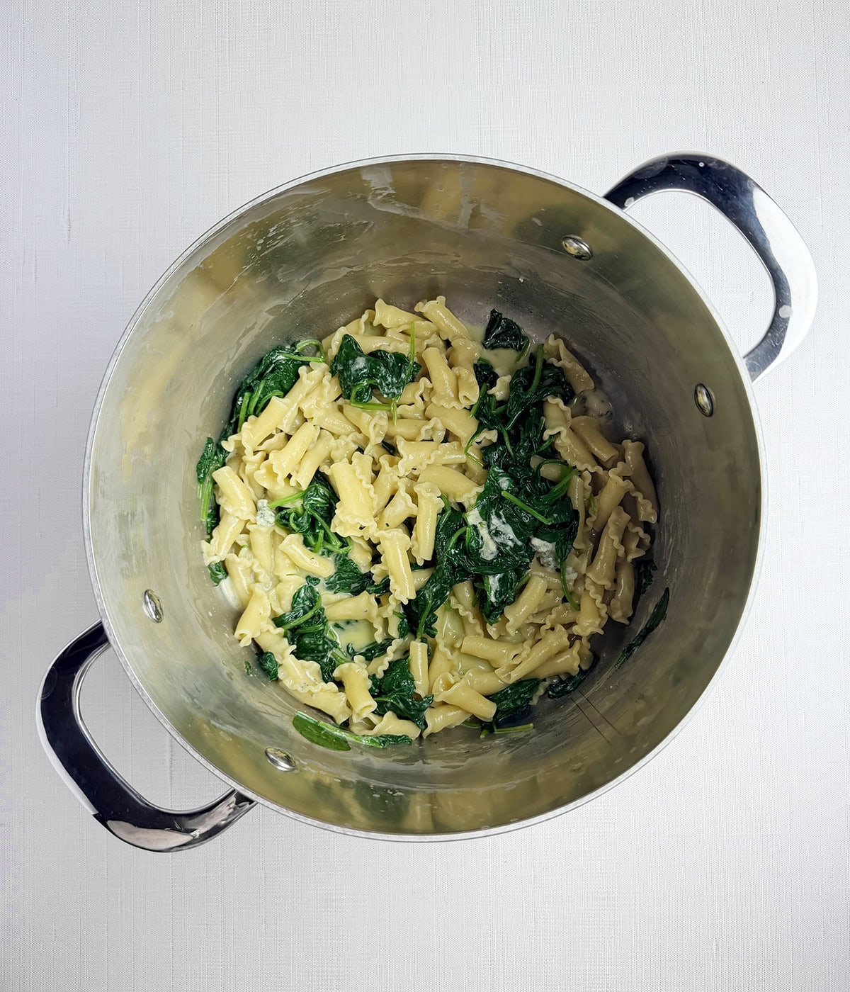 Pasta with blue cheese spinach sauce in a pot.