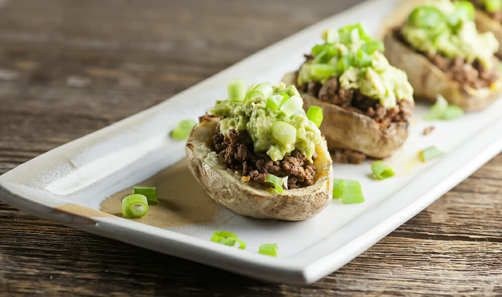 Potato skin tacos on a plattter.