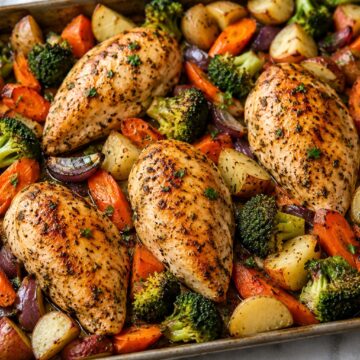 One pan roasted chicken and vegetables in a pan.
