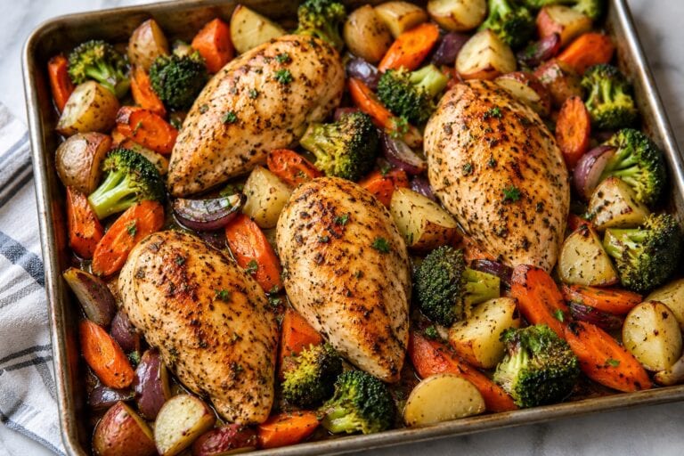 One pan roasted chicken and vegetables in a pan.