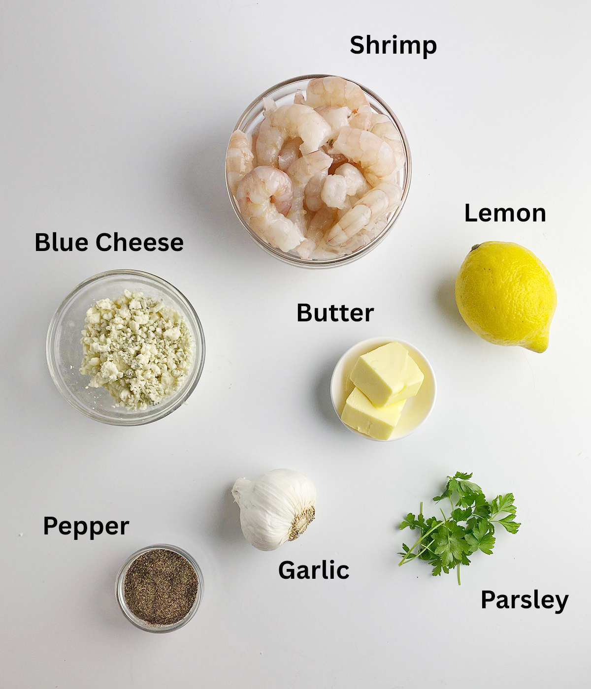 Ingredients for blue cheese shrimp. 