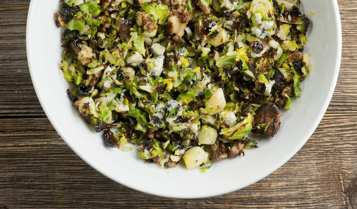 Chopped brussels sprouts with feta cheese.