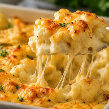 Spoonful of cheesy cauliflower casserole.
