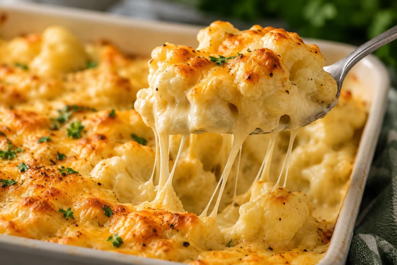 Spoonful of cheesy cauliflower casserole.