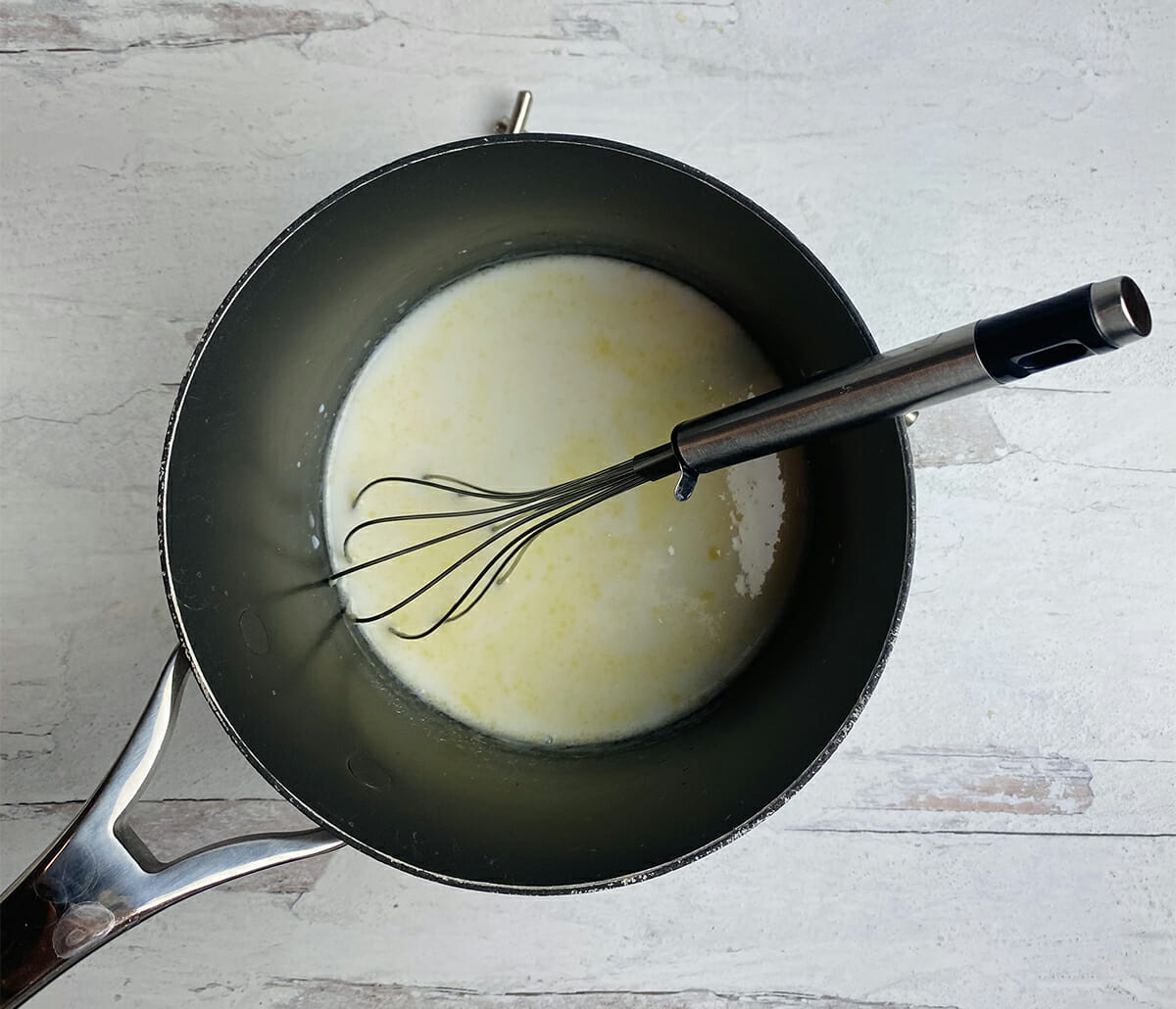 A milk and flour mixture in a pot.