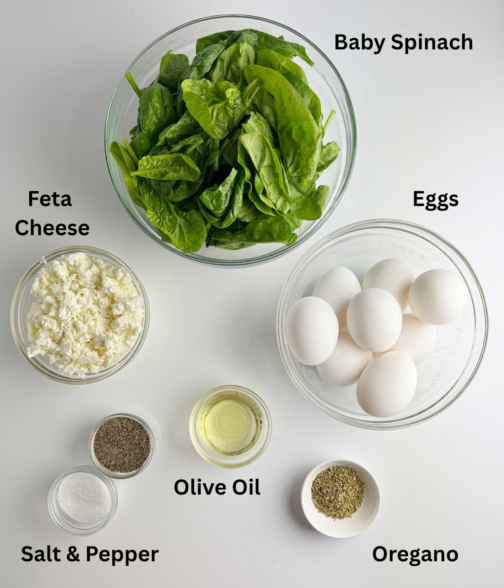 Ingredients needed for a feta spinach frittata.