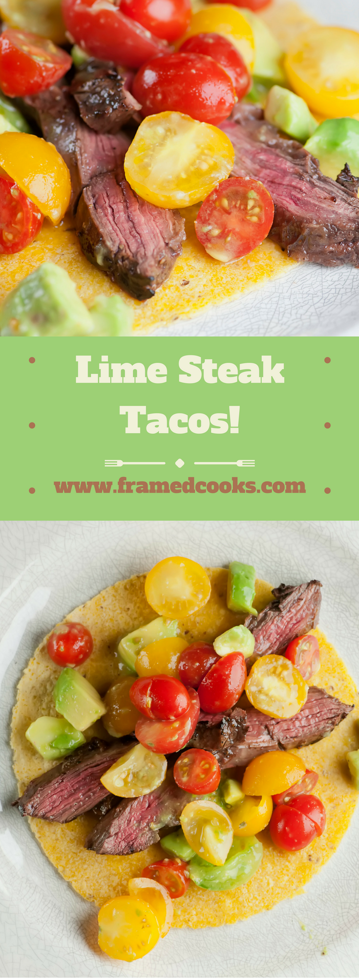 This recipe for lime steak tacos gives your supper a great citrus taste! Avocado and cherry tomatoes round out the meal for a colorful lunch or dinner.