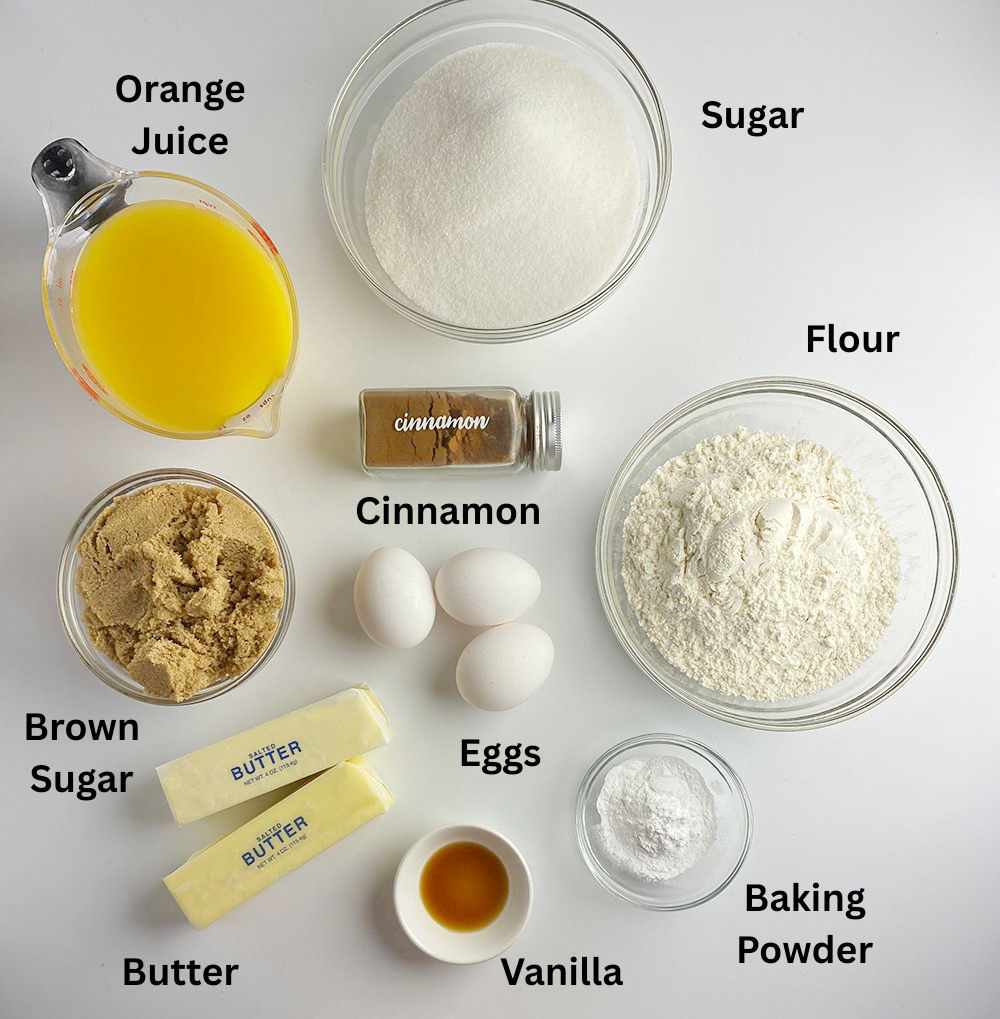 Ingredients for Orange Juice Crumb Cake. 