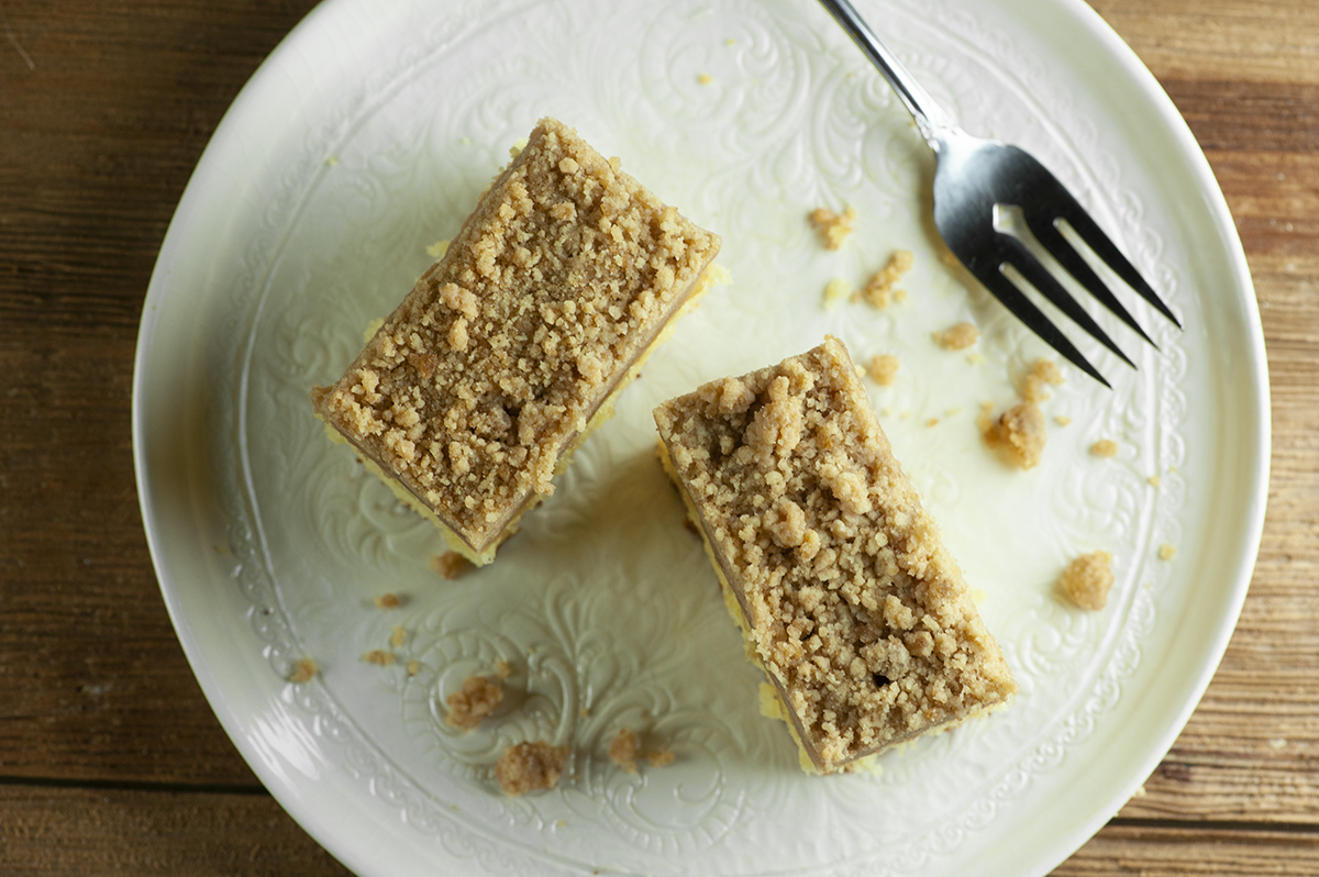 Pieces of orange juice crumb cake.
