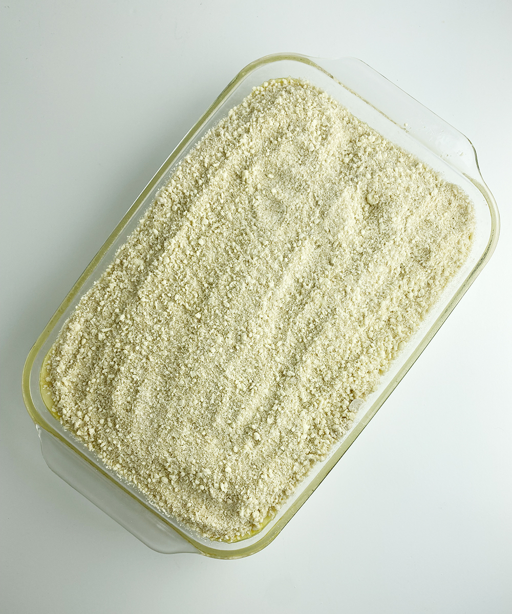 Orange juice crumb cake ready for the oven.