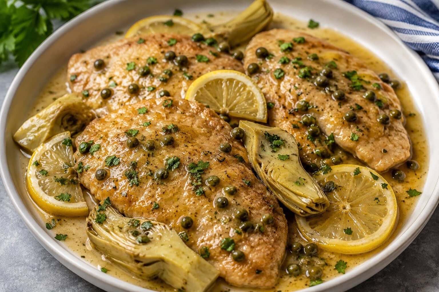 Chicken Piccata with Artichokes Chicken piccata with artichoke hearts in a bowl.