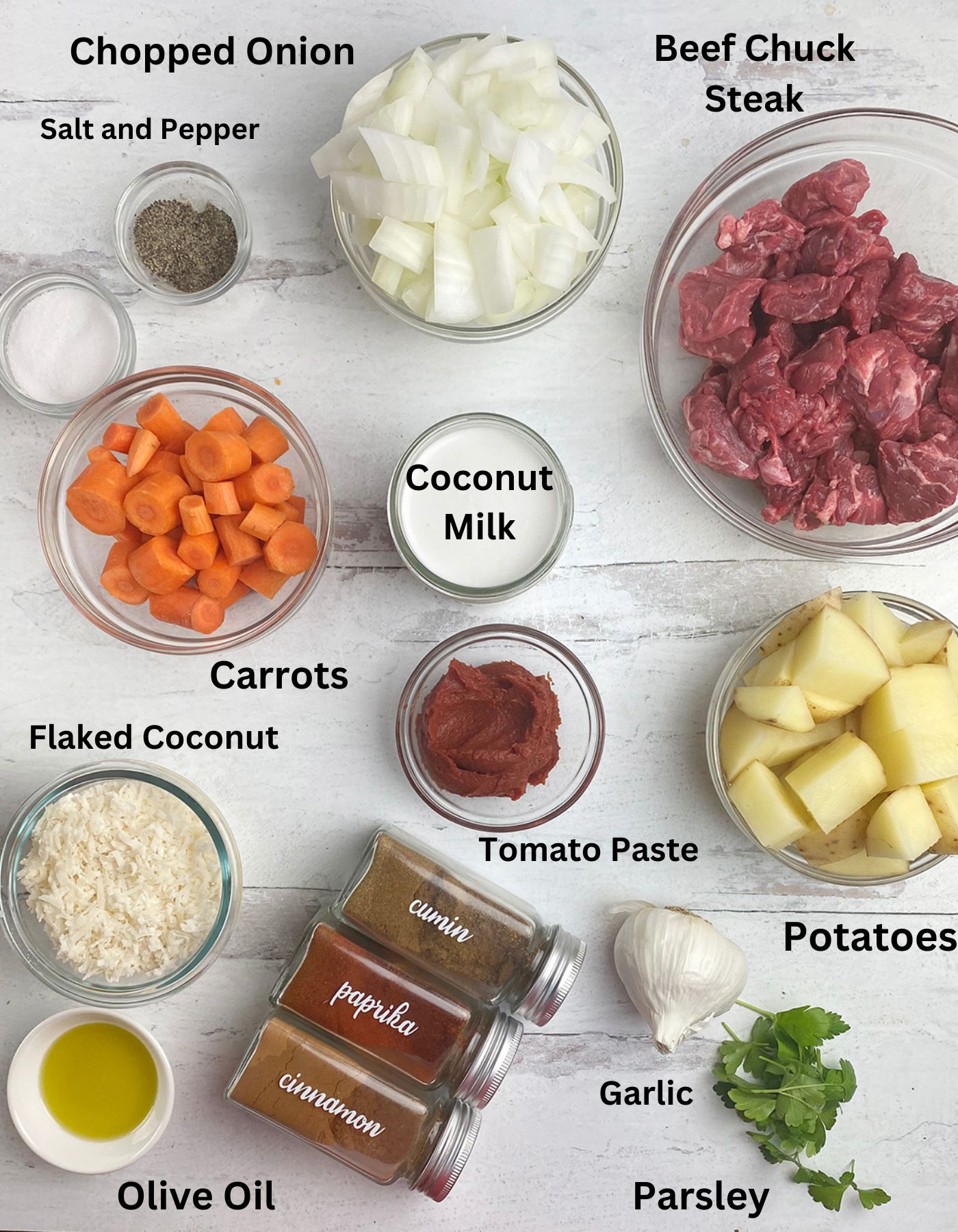 Ingredients for coconut beef stew. 