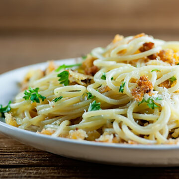 Bread crumb pasta on a plate.
