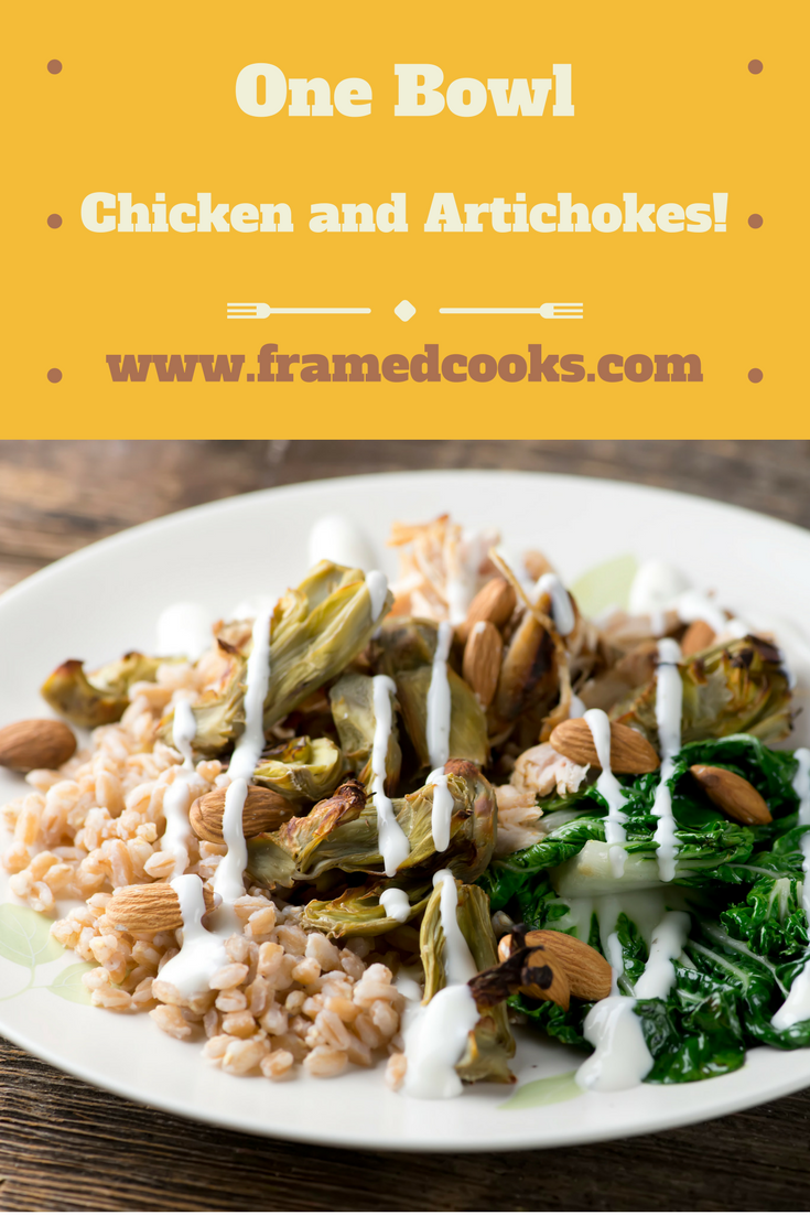 This toss together recipe of chicken, roasted artichokes and farro is the perfect one bowl supper!