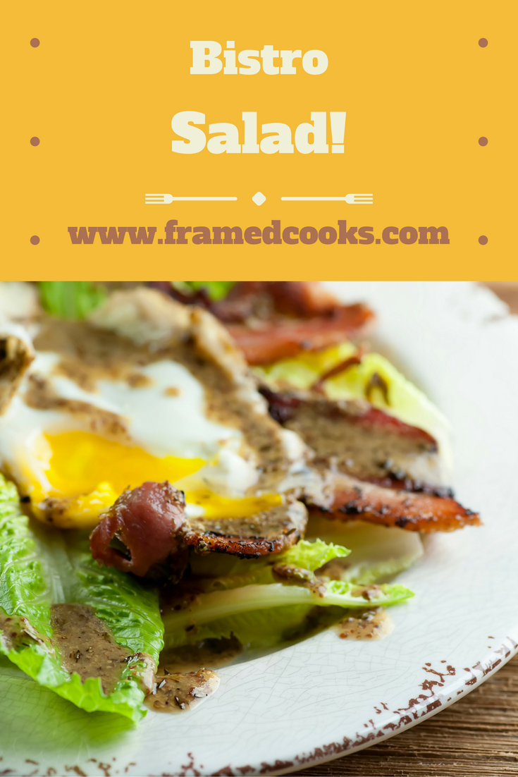 Bistro salad is a simple but glorious combo of bacon, egg, lettuce and your favorite vinaigrette, with a little bread and cheese. Easy and elegant!