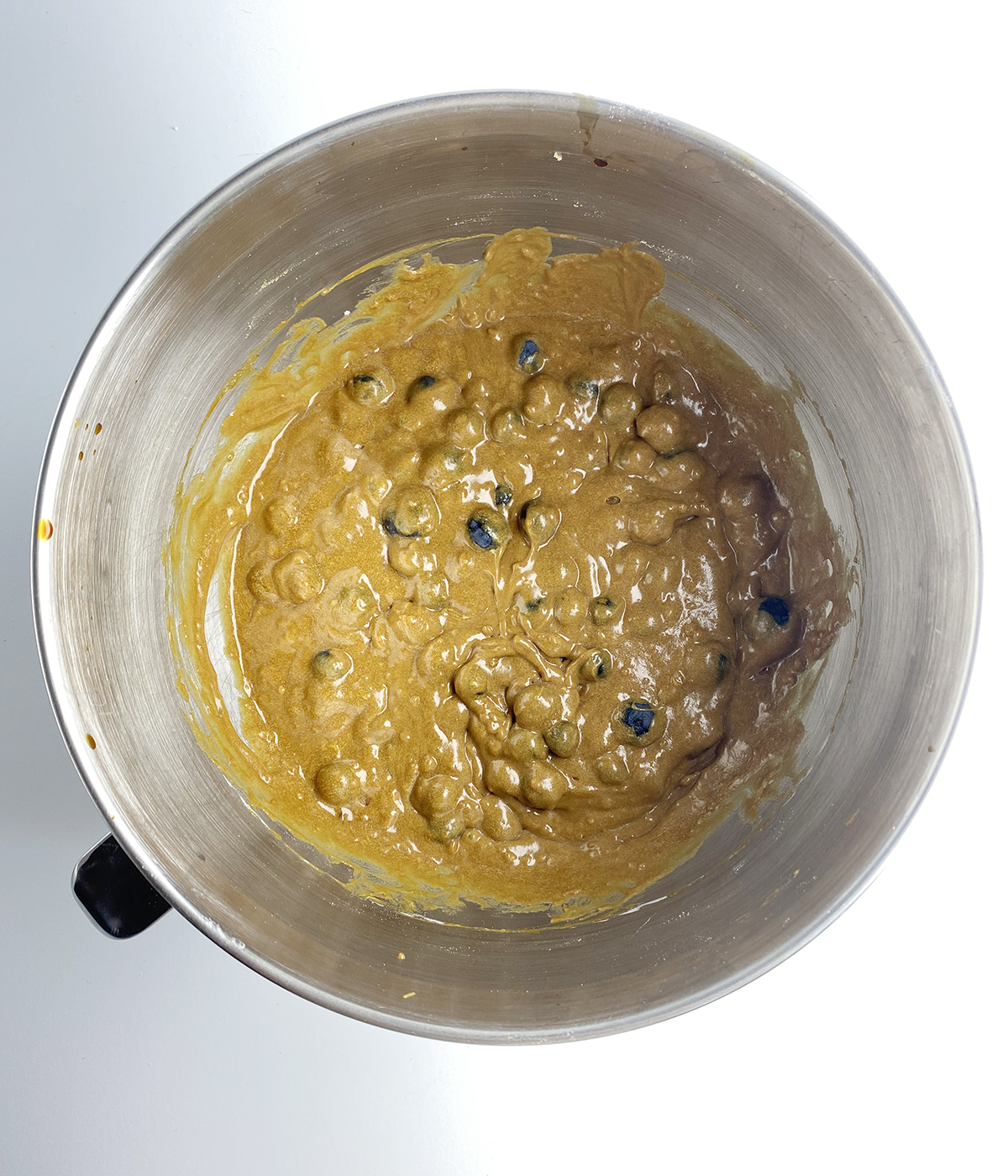 Blueberry molasses cake batter in a mixing bowl.